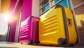 Two exclusive modern suitcases stand outside a hotel or airport. Business trip. Going on a trip, vacation.