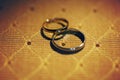 Two expensive vintage wedding rings silver and golden with diamo Royalty Free Stock Photo