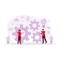 Two IT experts exchange ideas for developing software on a laptop. DevOps Developers concept.