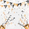 Two exploding gold party popper with serpentine and flag garland. Shine ribbon and confetti, glitter, stars, streamer Royalty Free Stock Photo
