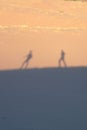 Two explorers on the desert, casting shadows on the sand dunes on a hot, sunny day.