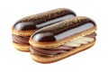 Two gourmet chocolate eclairs with banana filling on a white background Royalty Free Stock Photo