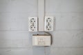 two external electrical double sockets on a dirty white scratched wall Royalty Free Stock Photo