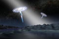 Two extraterrestrial alien spaceships ufo with spotlights above the earth landscape.