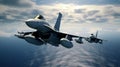 Two F-16 air force fighters flying over the ocean, beautiful cloudy blue sky over horizon. Jet military aircraft patrols Royalty Free Stock Photo