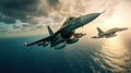 Two F-16 air force fighters flying over the ocean, beautiful cloudy blue sky over horizon. Jet military aircrafts patrol