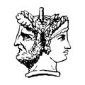 Two-faced Janus. Woman and man heads in profile, connected by the nape. Stylization of the ancient Roman style. Graphical design.