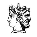 Two-faced Janus. Woman and man heads in profile, connected by the nape. Stylization of the ancient Roman style. Graphical design.