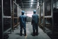 Two factory workers in hard hats and blue overalls are standing in a warehouse. Male manual workers full rear view in a factory,