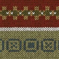 Two fair isle style hand made knitted patterns, mustard, green, grey natural colors. Vector