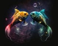 Two faithful fish floating in a galaxy of transforming colors illuminated by a waxing moon. Zodiac Astrology concept. AI