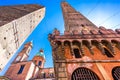 Two famous falling Bologna towers Asinelli and Garisenda, Bologna, Emilia-Romagna, Italy Royalty Free Stock Photo