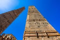 Two famous falling Bologna towers Asinelli and Garisenda, Bologna, Emilia-Romagna, Italy