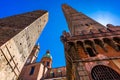 Two famous falling Bologna towers Asinelli and Garisenda, Bologna, Emilia-Romagna, Italy