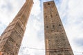 Two famous falling Bologna towers Asinelli and Garisenda, Bologna, Emilia-Romagna, Italy