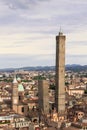 Two famous falling Bologna towers Asinelli and Garisenda. Evening view, Bologna, Emilia-Romagna, Italy