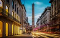 Two famous falling Bologna towers Asinelli. Evening view. Bologna, Emilia-Romagna, Italy. Long exposure, time lapse Royalty Free Stock Photo