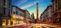 Two famous falling Bologna towers Asinelli and Garisenda. Evening view. Bologna, Emilia-Romagna, Italy. Long exposure, time lapse Royalty Free Stock Photo