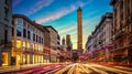 Two famous falling Bologna towers Asinelli and Garisenda. Evening view. Bologna, Emilia-Romagna, Italy. Long exposure, time lapse