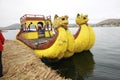 Two of the famous yellow boats with a dragon head made of reeds by the native indians of Lake Titicaca in Peru, South america Royalty Free Stock Photo