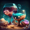 Two fantastic cocktail glasses with seashells inside standing on sand near starfishes on dark background. Summer