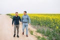 Two farmers in a field examining rape crop. Agribusiness concept. agricultural engineer standing in a rape field Royalty Free Stock Photo