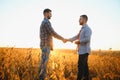 Two farmers shaking hands in soybean field. Royalty Free Stock Photo