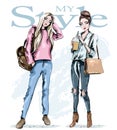 Two fashion girls. Hand drawn stylish beautiful women with bags. Sketch. Royalty Free Stock Photo