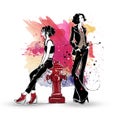 Two fashion girls in sketch-style on colorful background. Royalty Free Stock Photo