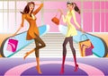 Two fashion shopping girl with bag in mall Royalty Free Stock Photo