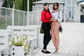 Two fashionable arabian girls friends posed outdoor. Stylish muslim womans