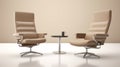 Two fashionable beige armchairs on beige background, hotel, office