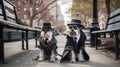 Two fashionable dogs dressed up as gentlemen standing next to a bench. AI generative image.