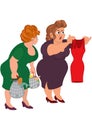 Two fat cartoon women looking on small red dress