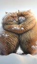 Two fat fluffy cat embracing to get warm. Cute felines freezing in the snow in winter. Close up. Generative AI Royalty Free Stock Photo