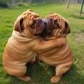 Two fat pug dogs hugging and kissing each other, Royalty Free Stock Photo