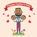 Two fathers with children in their arms. Element cards for Father Day. Vector illustration