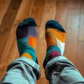 Two feet with colored socks, different trendy colors on the right and left sock. Solidarity to them with Downs syndrome.