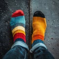 Two feet with colored socks, different trendy colors on the right and left sock. Solidarity to them with Downs syndrome.