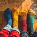 Two feet with colored socks, different trendy colors on the right and left sock. Solidarity to them with Downs syndrome.