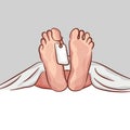Two feet of a dead body, with an identification tag. vector drawing. autopsy crime. Royalty Free Stock Photo