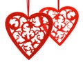 Two felted red hearts with floral ornament Royalty Free Stock Photo