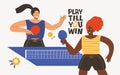 Two female athletes of different skin colors playing ping pong. Table tennis tournament. Active young women compete in a Royalty Free Stock Photo