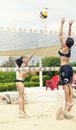 Two female beach volleyball players. Attack and defense Royalty Free Stock Photo