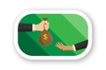 Two female, businesswoman hands in business suits with a bag of money, dollars. Sticker with white outline and shadow Royalty Free Stock Photo