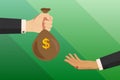 Two female, businesswoman hands in business suits with a bag of money, dollars. Vector horizontal