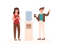 Two female colleagues having friendly conversation standing near water cooler vector flat illustration. Smiling cartoon