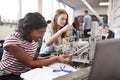 Two Female College Students Building Machine In Science Robotics Or Engineering Class Royalty Free Stock Photo