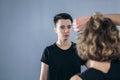 Two female fighter of martial arts practice in gym. Taekwondo coach and student in personal training. Self-defense class for women Royalty Free Stock Photo