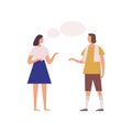Two female friends gossiping with speech bubbles vector flat illustration. Cartoon woman talking each other and